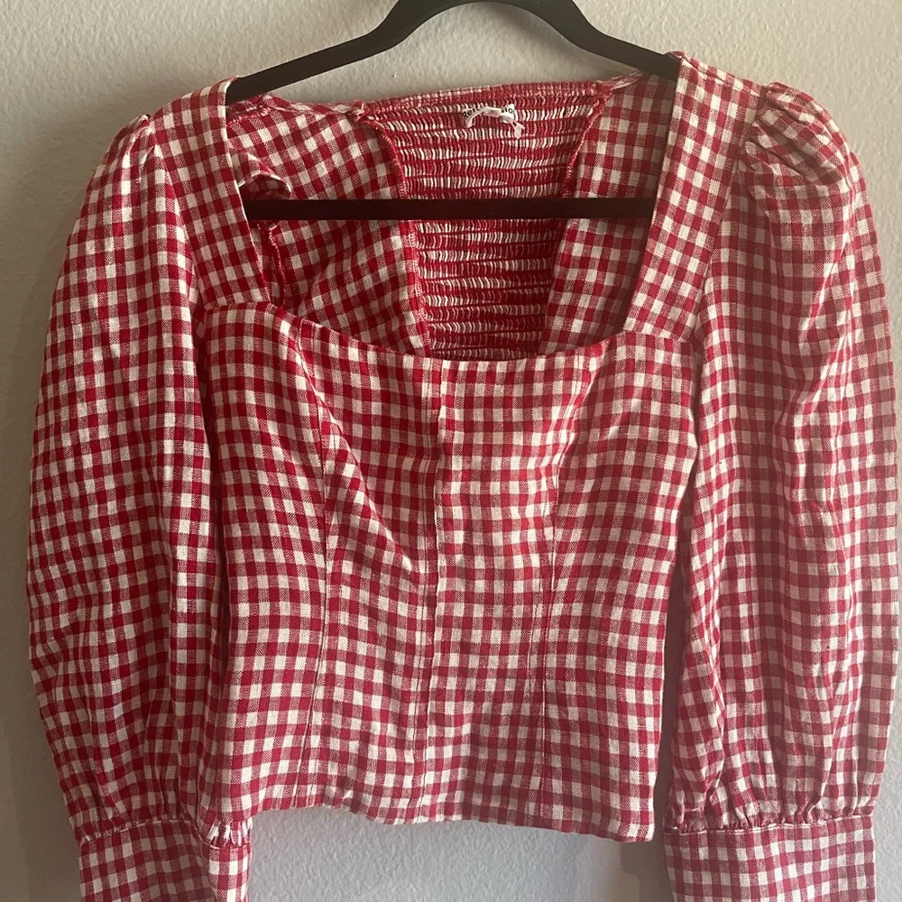 Reformation Red Gingham Puff-Sleeve Square-Neck linen Top